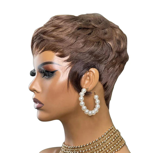 Women's short pixie cut bob human hair wig in dark brown on mannequin head with pearl earrings and gold necklace