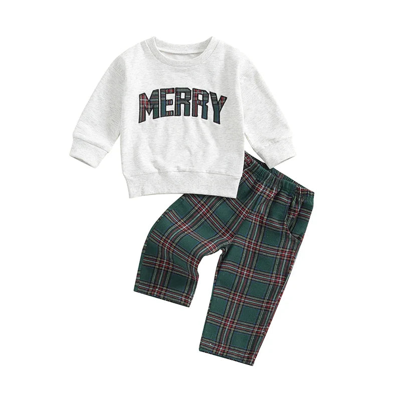 Boys and girls Christmas 2PCS outfit sets with long sleeve O-neck letter embroidery tops and plaid pants