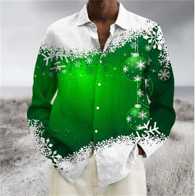 Men's long sleeve Christmas shirt with digital Santa print and collared neck