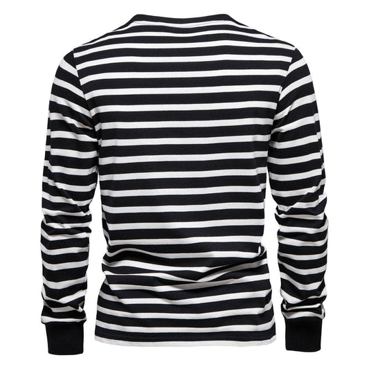 Men fashion comfortable black and white striped cotton long sleeve t-shirt back view