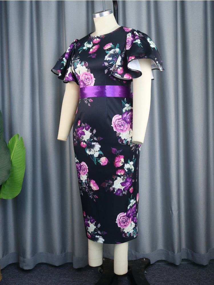 Women's Vintage Print Bodycon Dresses Elegant O Neck Ruffle Short Sleeves Midi Dress with Belt Summer Female Party Club Clothes - Misthere K.