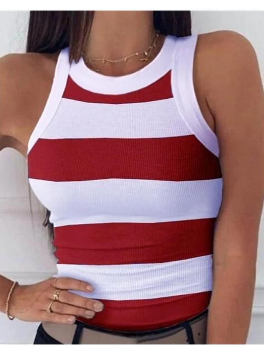 Women's stretch summer tank top with red and white horizontal stripes, sleeveless and fitted design