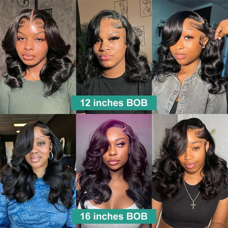Human Hair Transparent Lace Frontal Wigs 12 and 16 inches Bob styles with natural black waves and seamless hairline