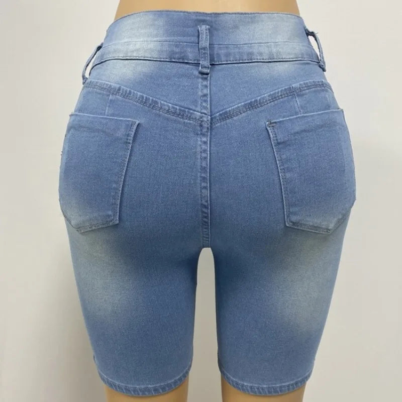 Back view of women's denim shorts showing pockets and comfortable fit