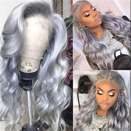 Silver gray body wave lace frontal wig displayed on mannequin and worn by model with natural hairline and voluminous waves