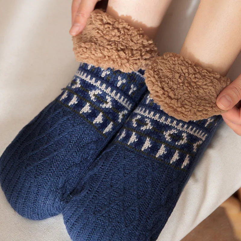 Women's and Men's non-slip thermal socks navy blue with patterned design and brown fleece lining