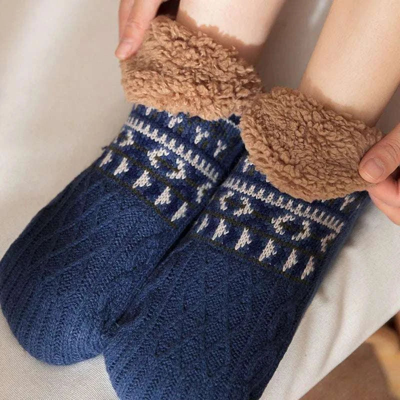 Women's and Men's non-slip thermal socks with elegant figure pattern, ankle height, warm acrylic material, perfect for winter.