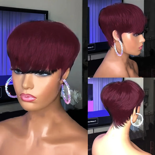 Women's pixie cut human hair wig with short straight style in burgundy color on mannequin head