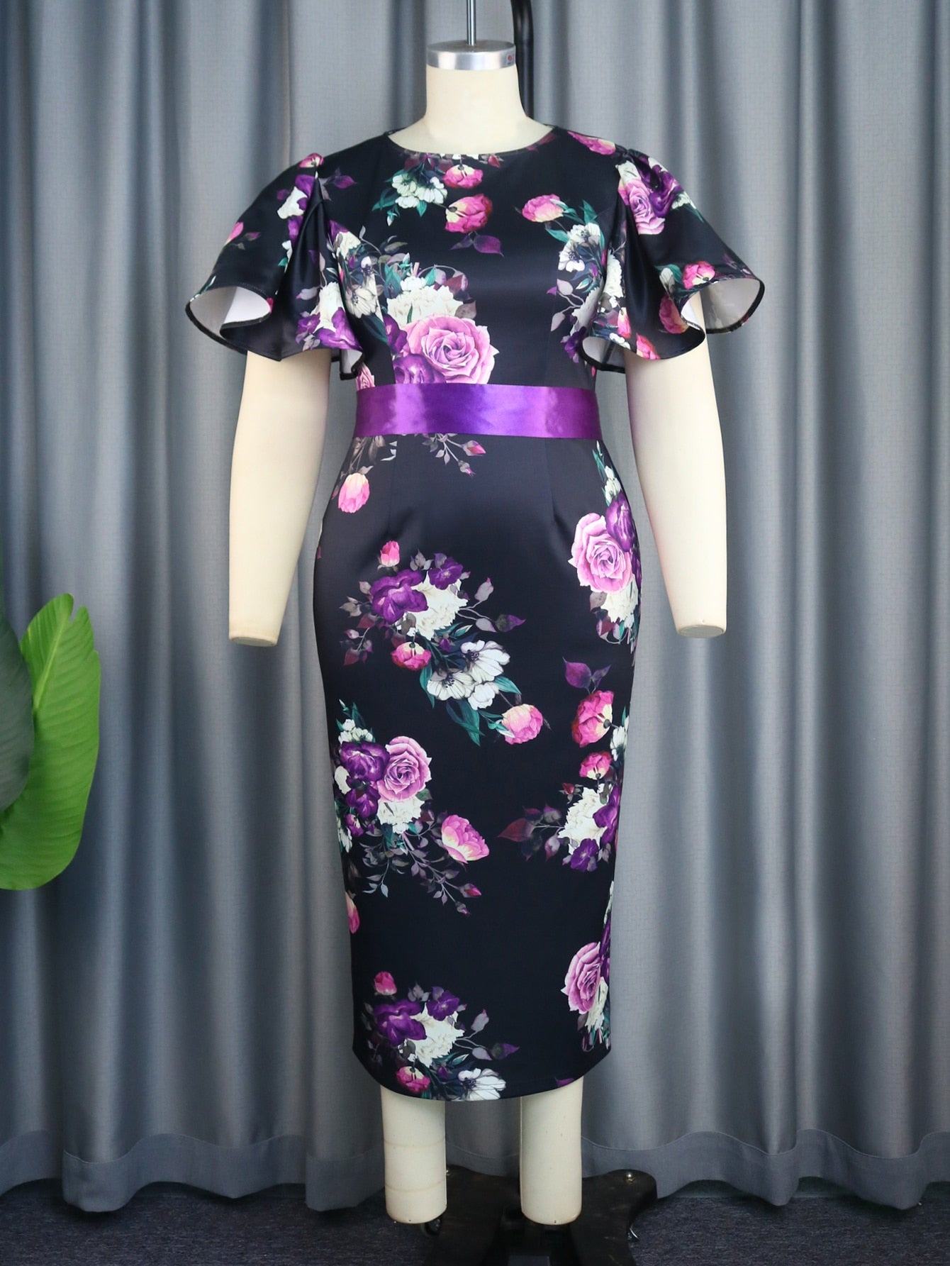 Women's Vintage Print Bodycon Dresses Elegant O Neck Ruffle Short Sleeves Midi Dress with Belt Summer Female Party Club Clothes - Misthere K.