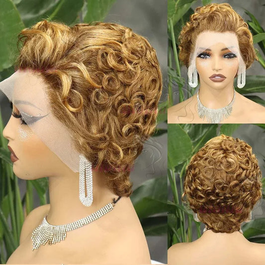 Short wave pixie cut Brazilian human hair wig on mannequin with layered waves