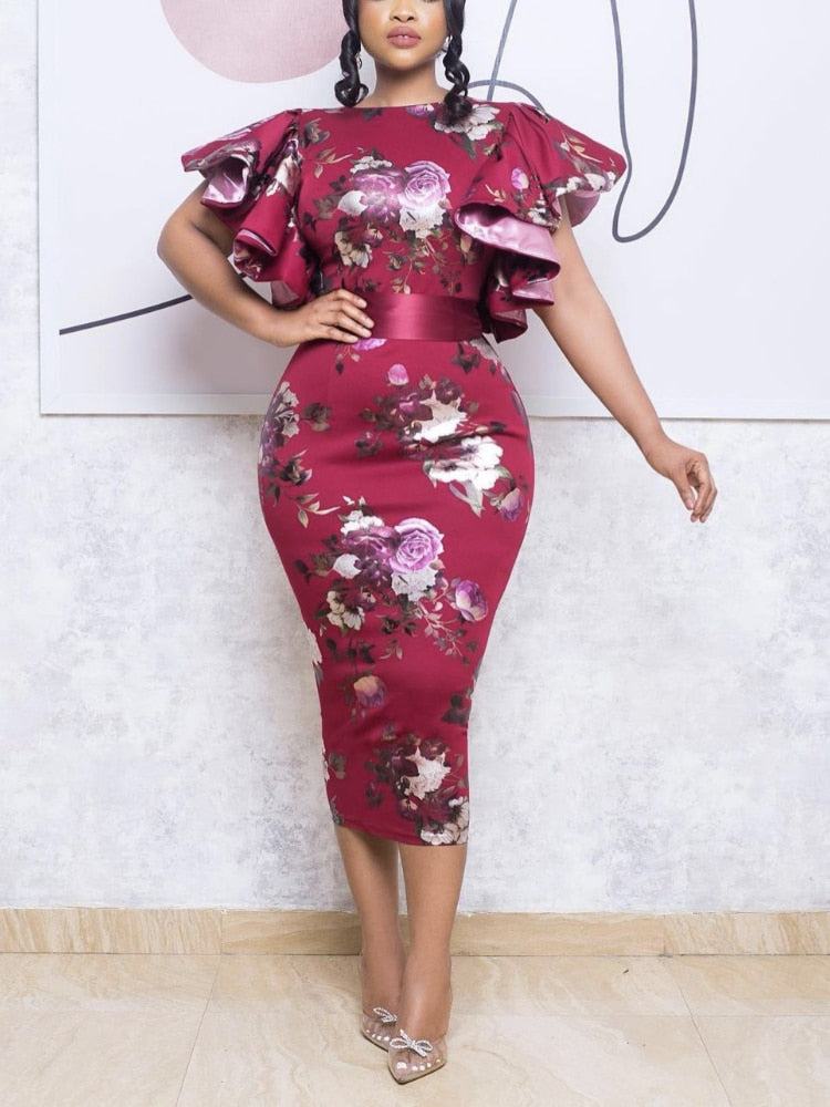 Women's Vintage Print Bodycon Dresses Elegant O Neck Ruffle Short Sleeves Midi Dress with Belt Summer Female Party Club Clothes - Misthere K.