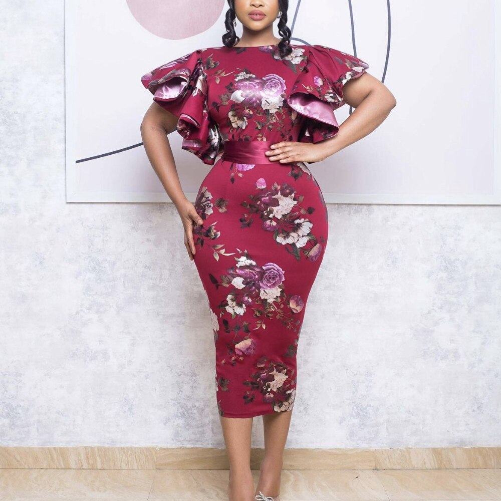 Women's Vintage Print Bodycon Dresses Elegant O Neck Ruffle Short Sleeves Midi Dress with Belt Summer Female Party Club Clothes - Misthere K.