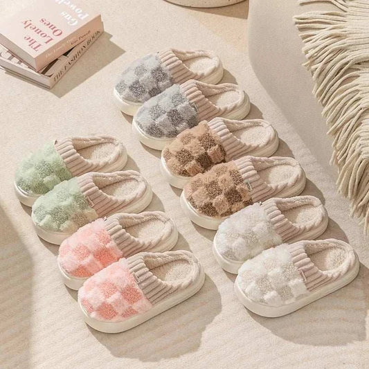 Set of colorful women's winter slippers with non-slip soles and plush checkered design