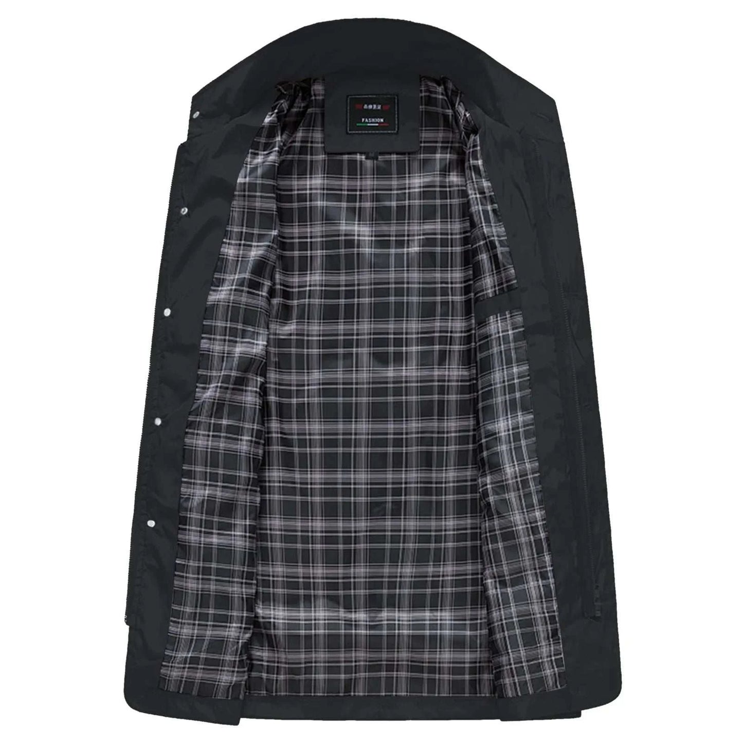 Fashion men jacket with black exterior and plaid inner lining open front view