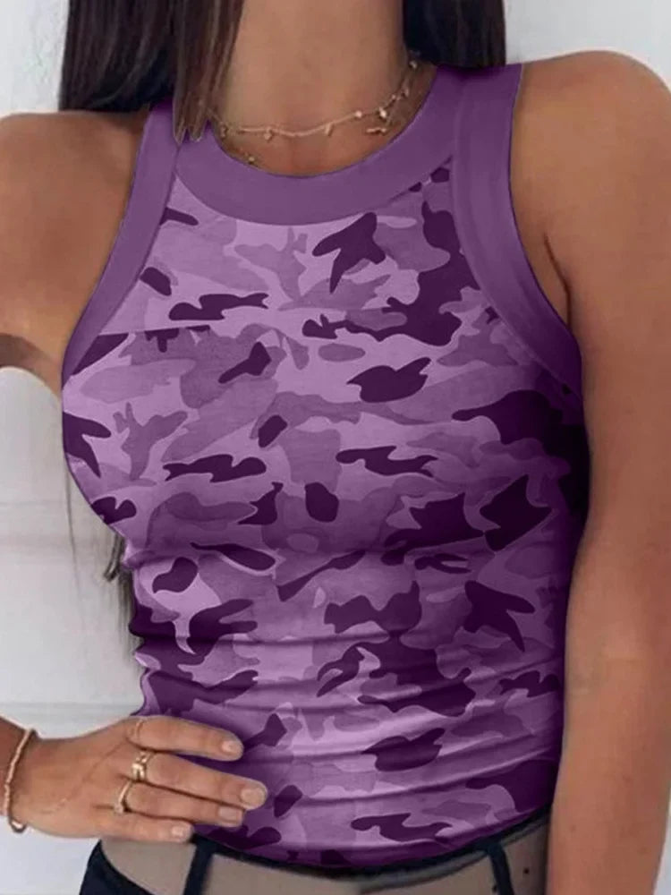 Women's stretch summer tank top in purple camouflage pattern, sleeveless fitted design for casual wear