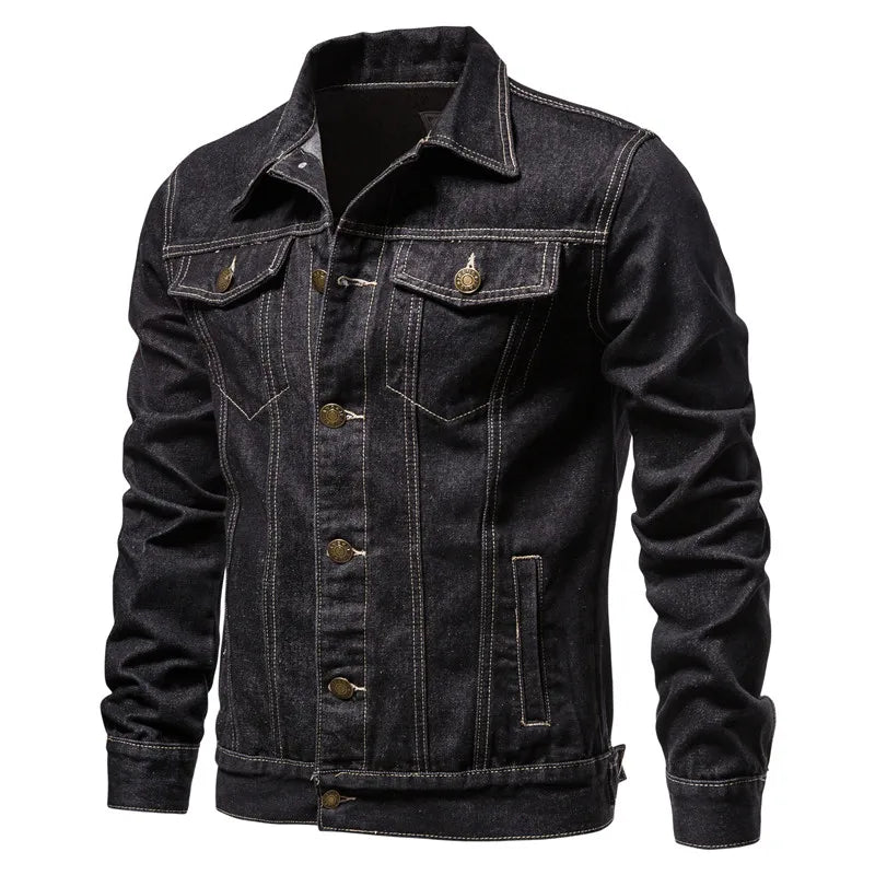 Men's solid black autumn denim jacket with button closure and chest pockets
