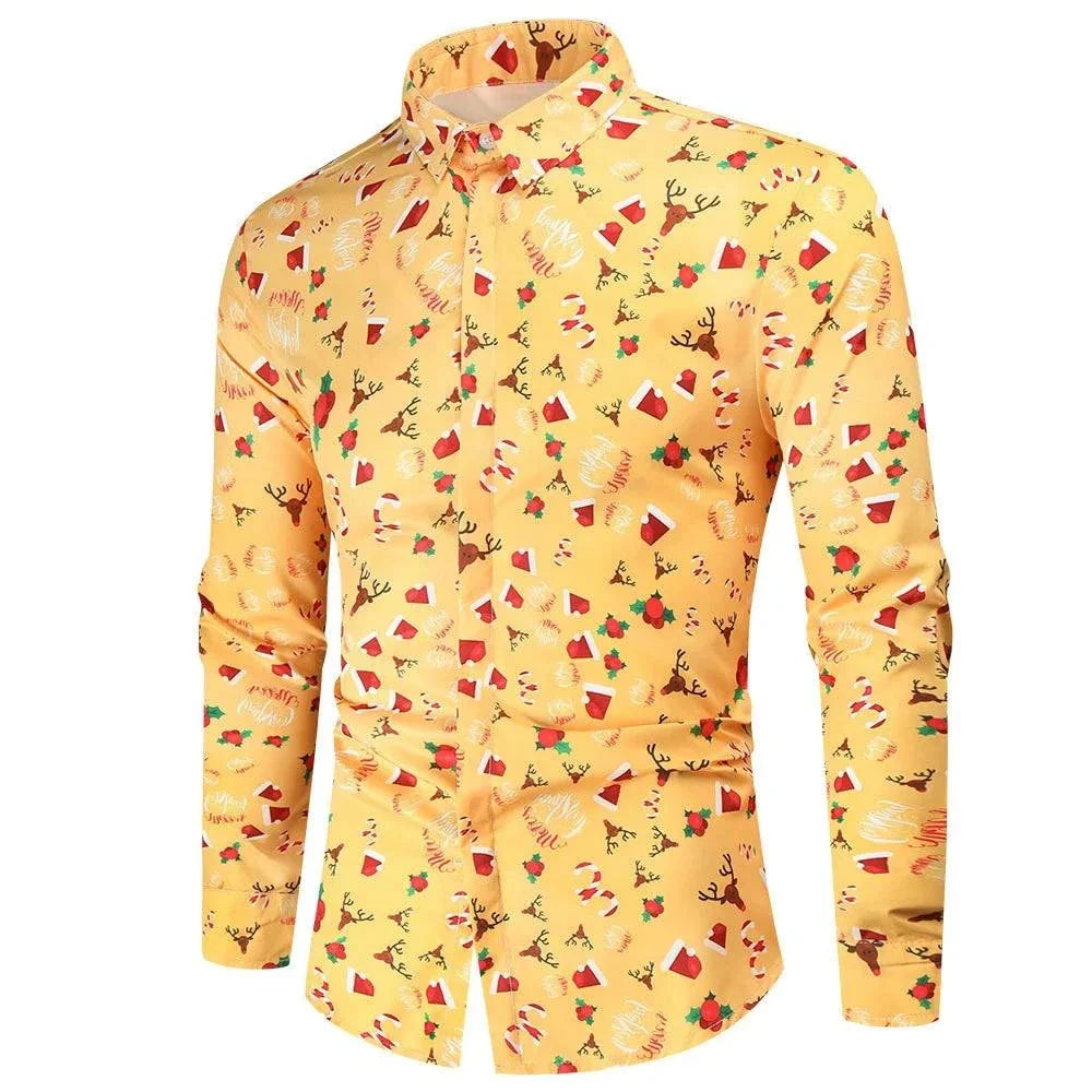 Printed long sleeved men's Christmas shirt with festive print and collared neck