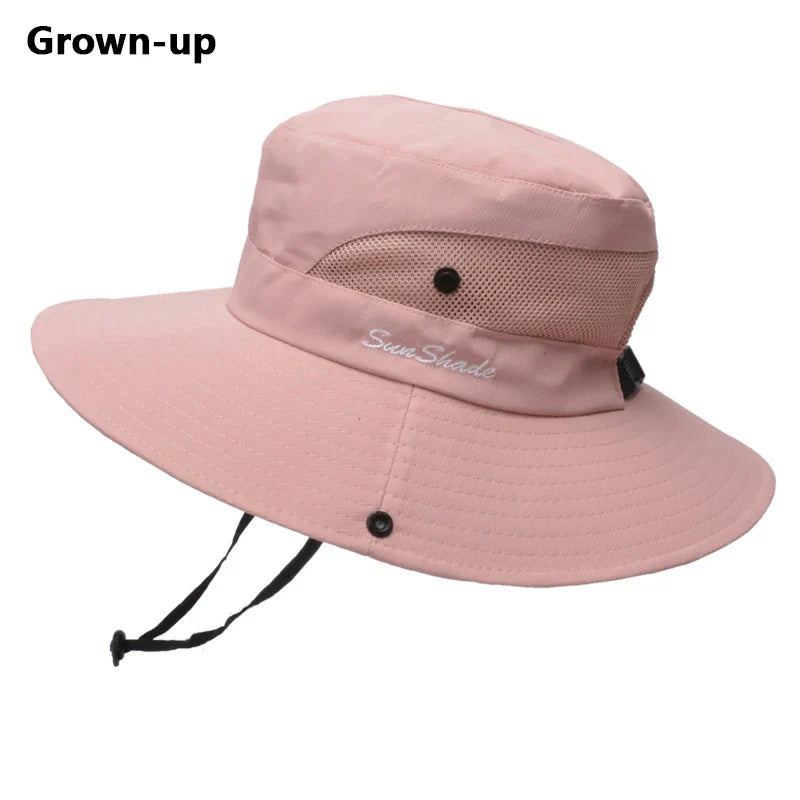 Pink women's summer outdoor sun hat with wide brim and adjustable chin strap