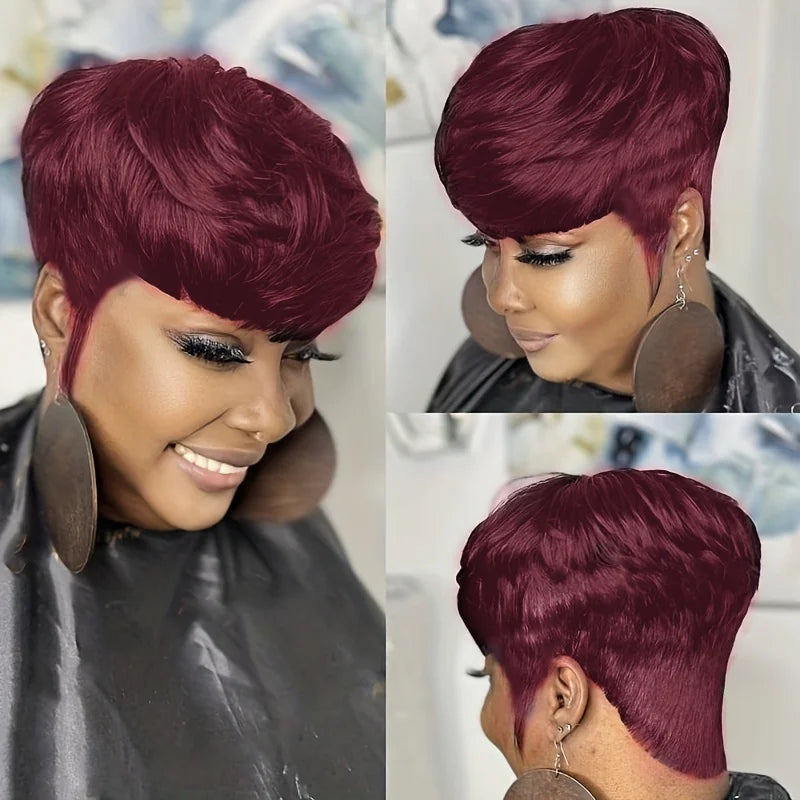 Women's pixie cut human hair wig in stylish short straight burgundy color hairstyle