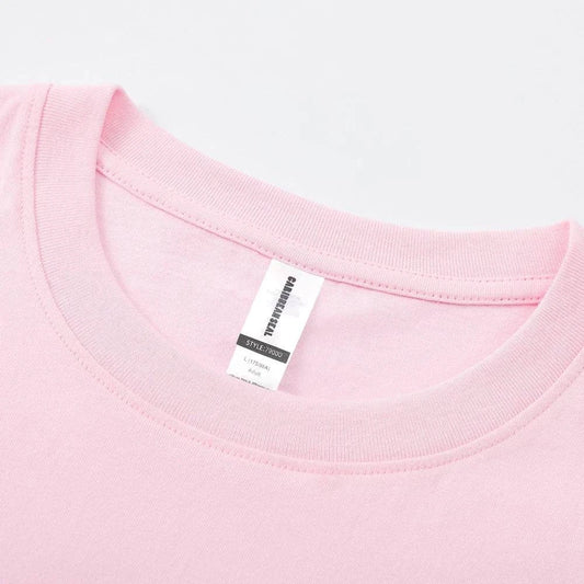 Men's and Women's short sleeve pink summer T-shirt close-up neckline detail
