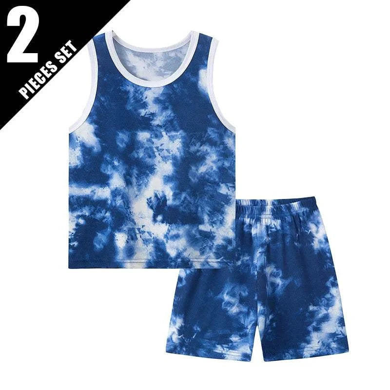 2-pieces children's summer shirts and pants set with blue tie-dye design
