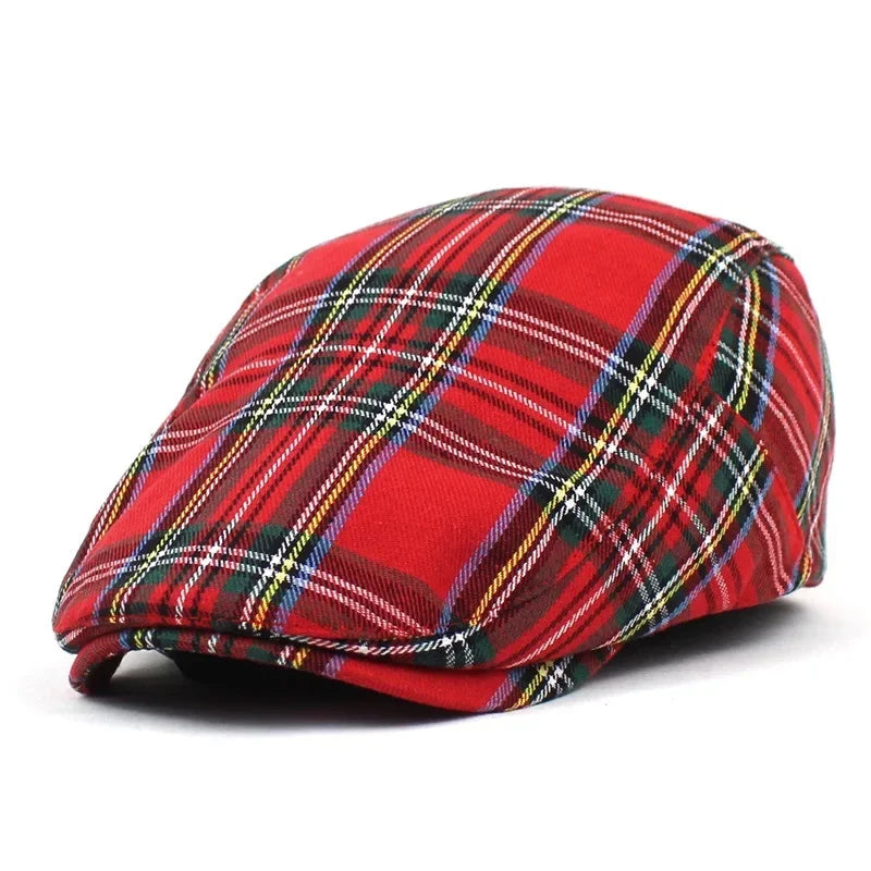 Unisex vintage beret hat in red plaid pattern with classic stylish design