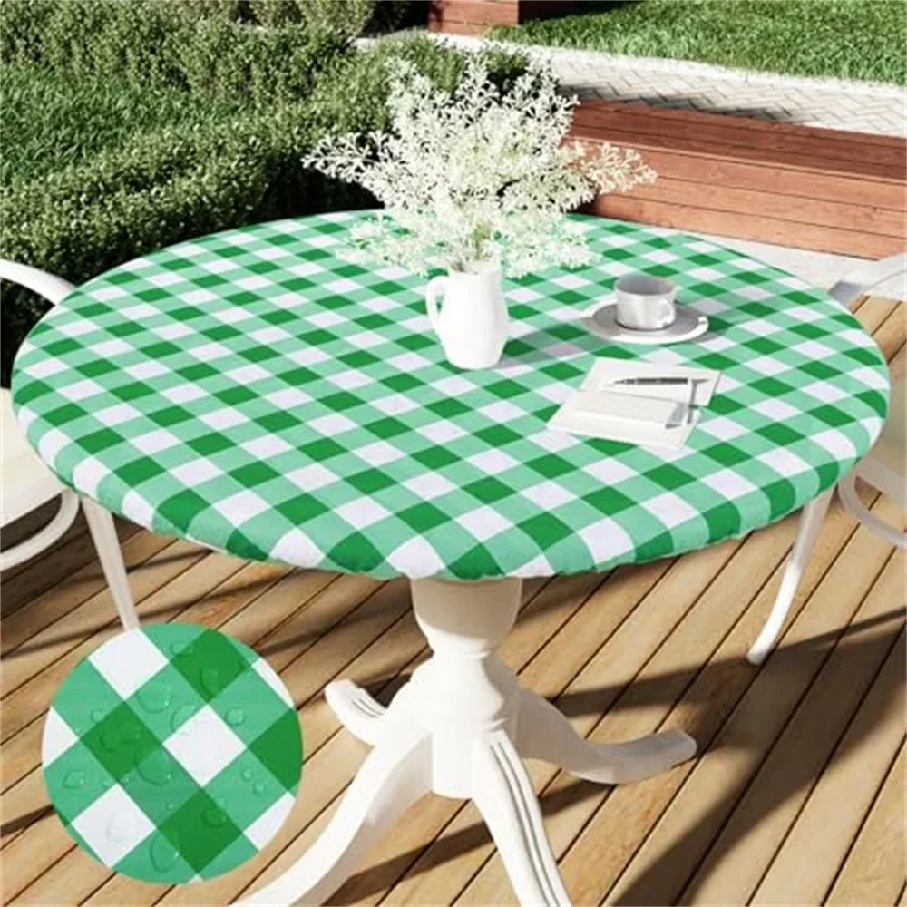 Olanly elastic waterproof round vinyl table cover with patchwork striped design for outdoor and indoor dining