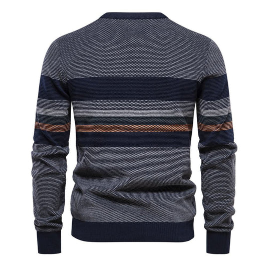 Back view of men's fitted cotton sweater with navy, gray, and brown horizontal stripes