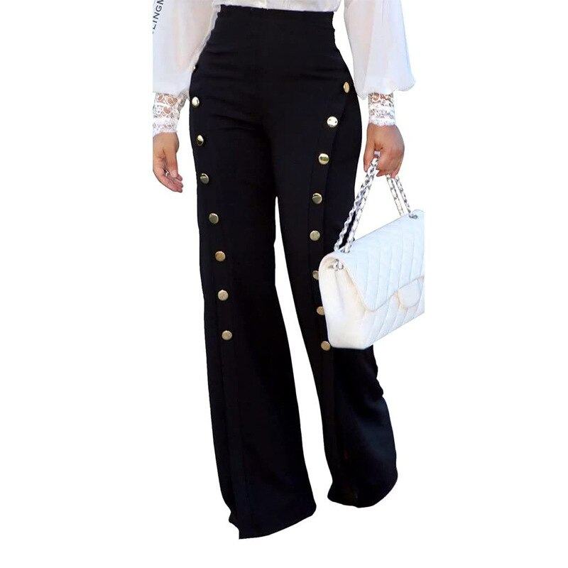 High waist elegant black pantalon with gold buttons and split long legs for women