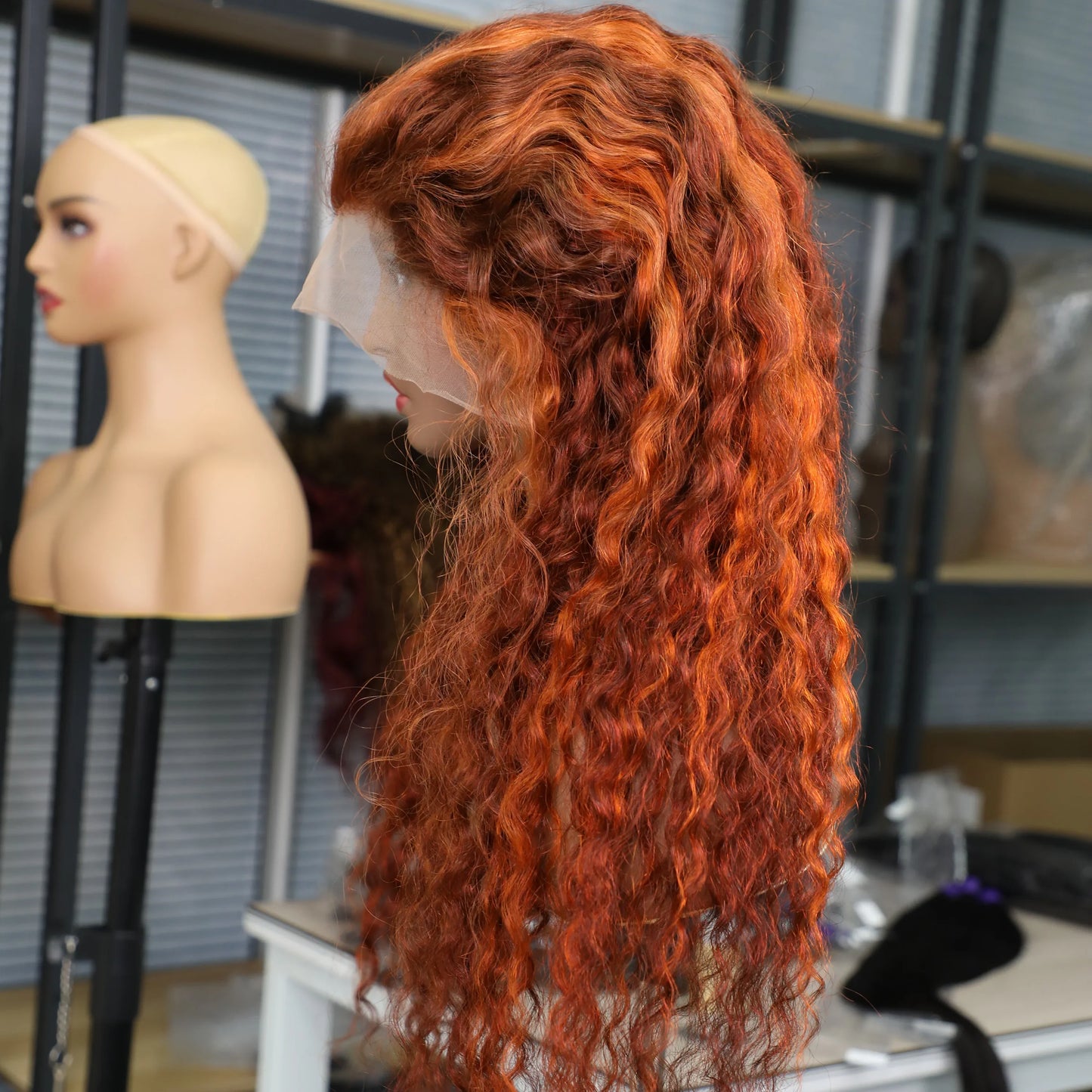 Women's Water Wave Lace Front Human Hair Wig in brown ginger orange with curly texture