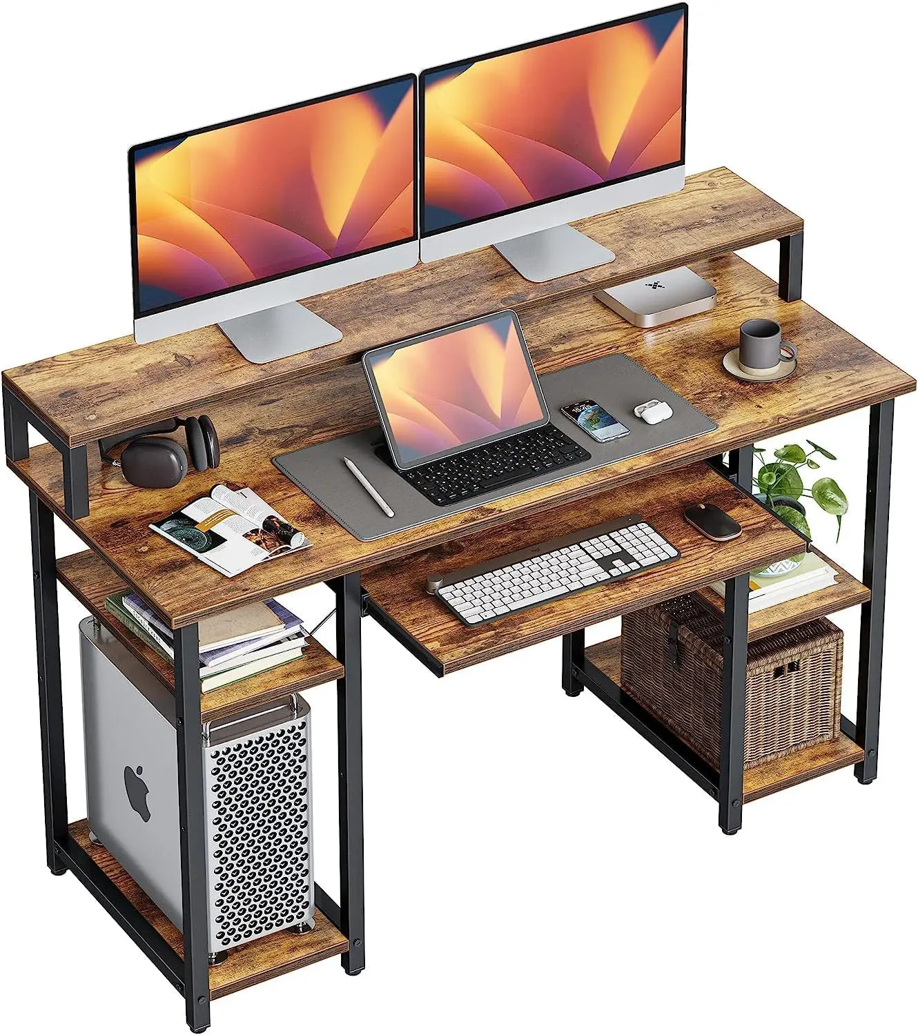 Computer desk with keyboard tray and storage shelves for office and music studio use