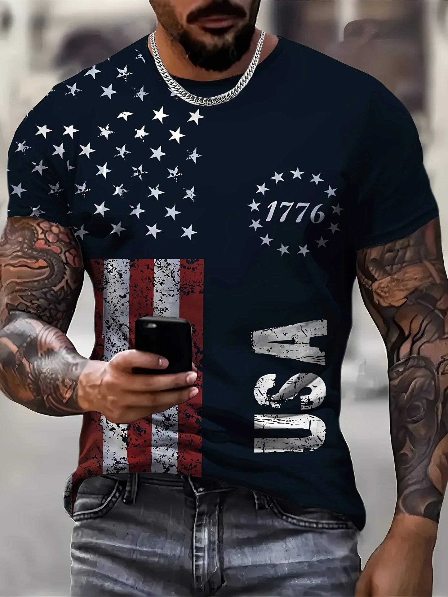 Men's USA American Flag short sleeve T-shirt with 1776 design and distressed flag print