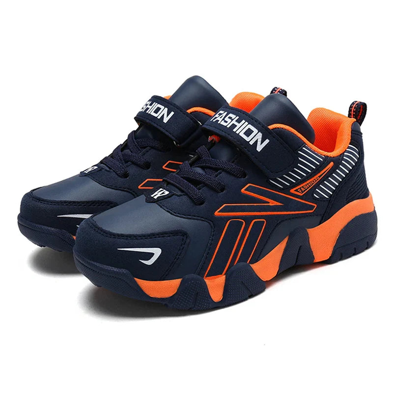 Kids outdoor running shoes sneakers in navy blue and orange with durable leather and sporty design