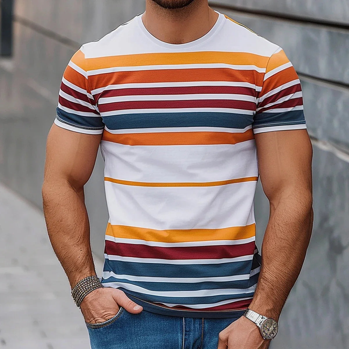 Men's women's print short sleeve summer shirt with colorful horizontal stripes