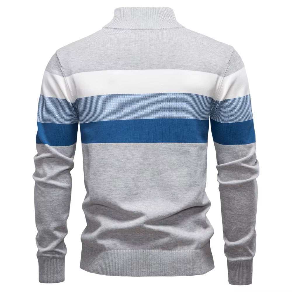 Men's long sleeve cotton t shirt with zipper closure and color block design for casual wear