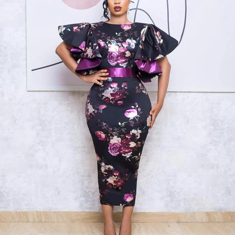 Women's Vintage Print Bodycon Dresses Elegant O Neck Ruffle Short Sleeves Midi Dress with Belt Summer Female Party Club Clothes - Misthere K.