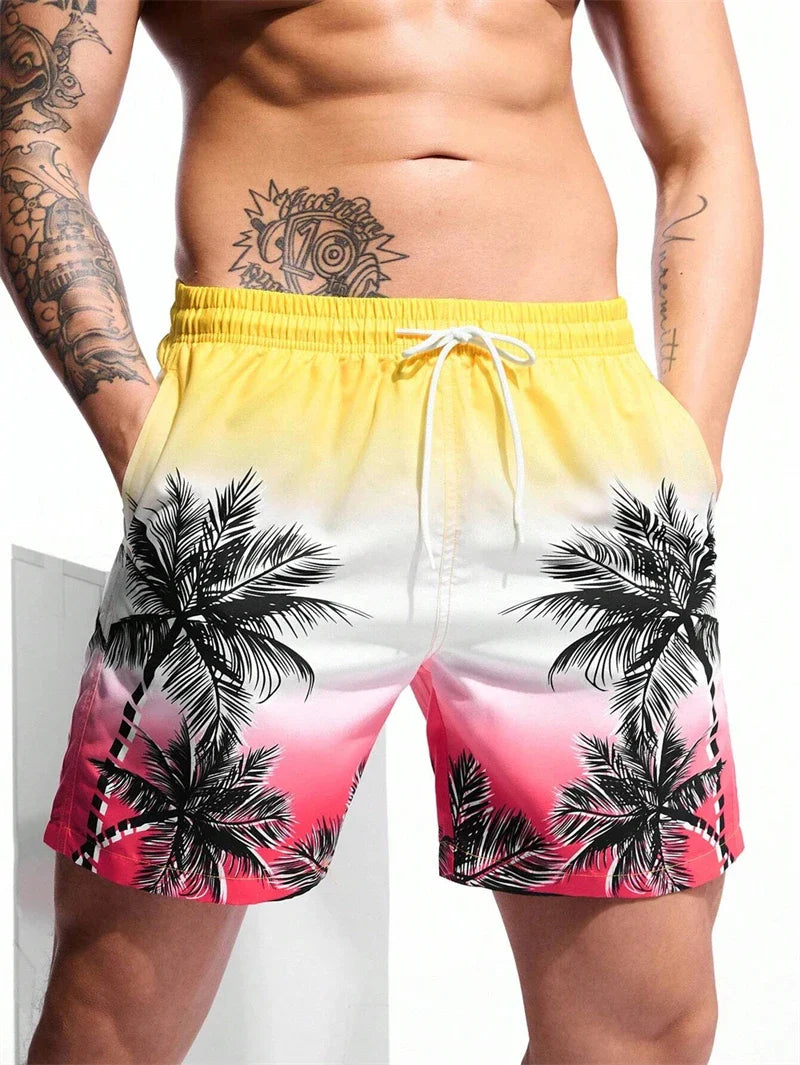 Men's summer swim trunks with yellow, white, and pink gradient and black palm tree print