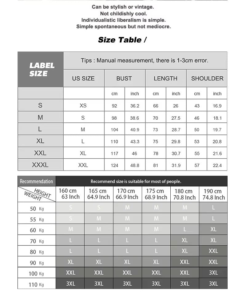 Men's and Women's 100% cotton vintage T-shirt in various sizes with size chart and fit recommendations