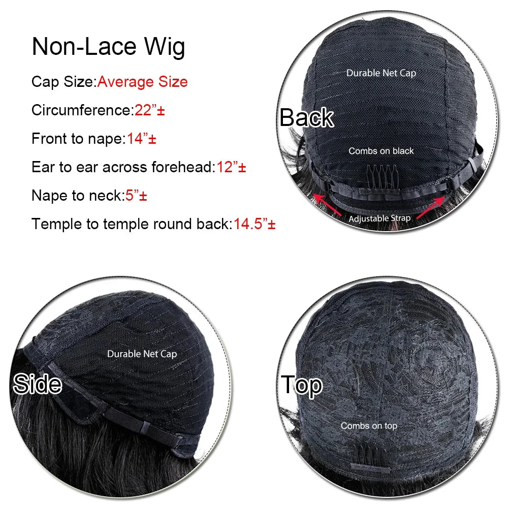 100% human hair short wig cap with adjustable strap and durable net for black women