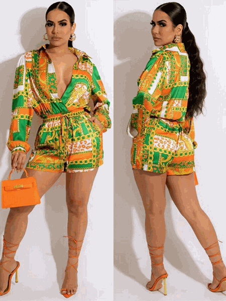 Women's blouse and short pants two-piece set with long sleeves and colorful print, stylish lapel collar, and lace-up waist shorts.