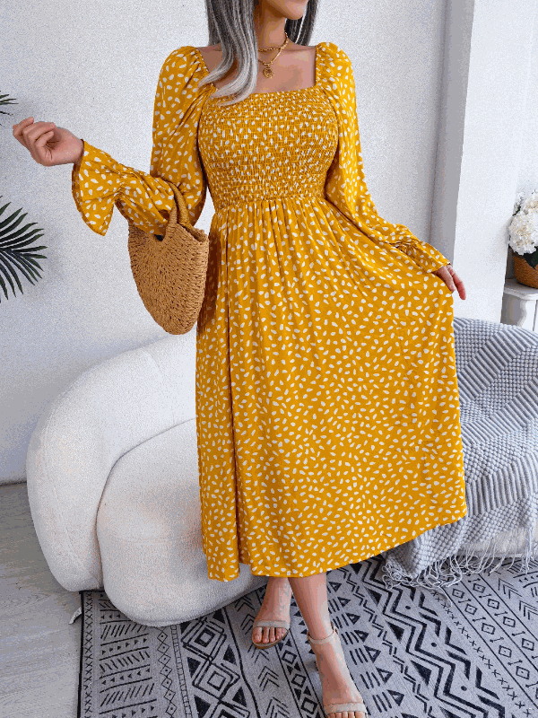 Yellow women's summer polka dot dress with long sleeves and square neckline