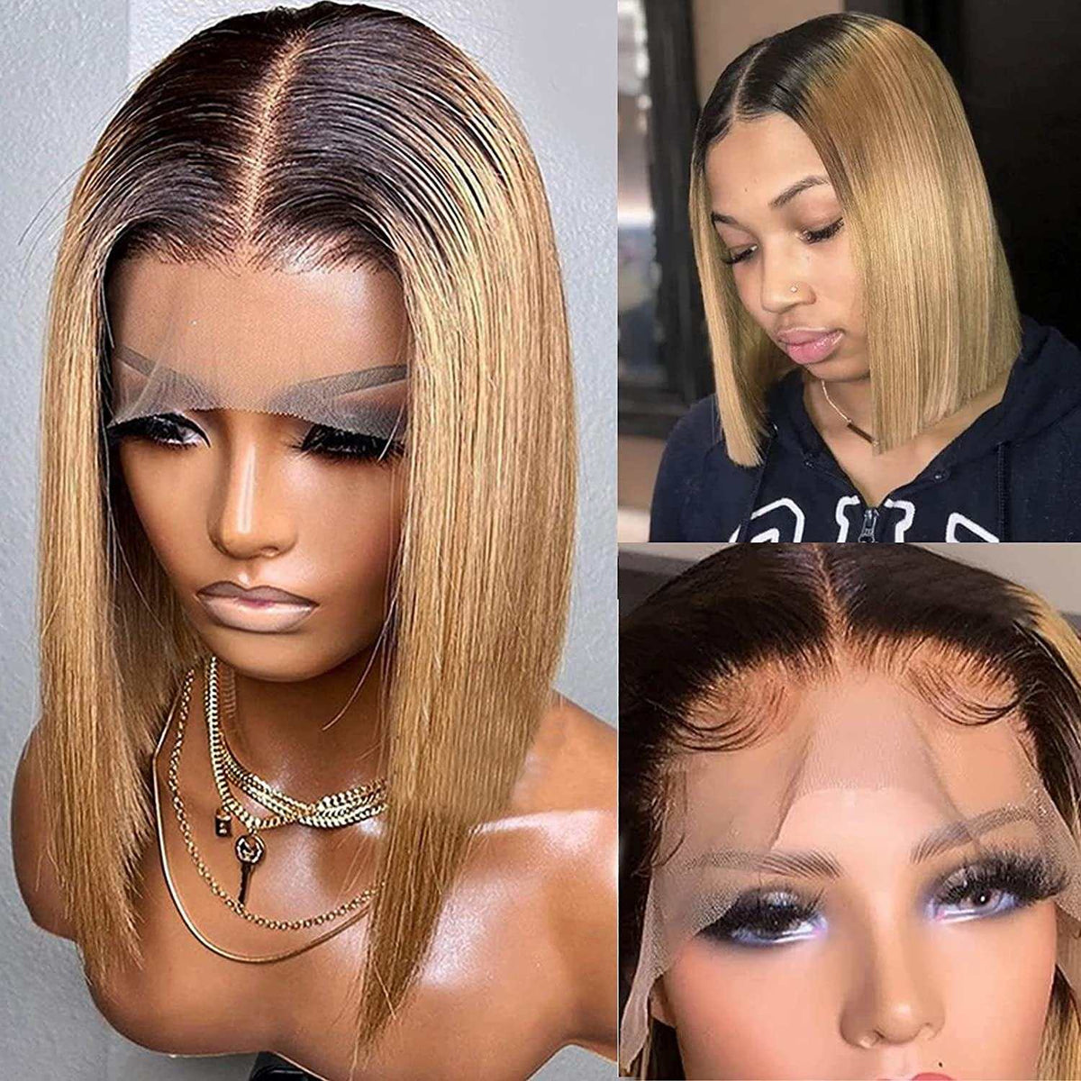 Short ombre honey blonde bob wig with baby hair, straight 13x1x6 HD lace front, 150% density, 100% remy human hair