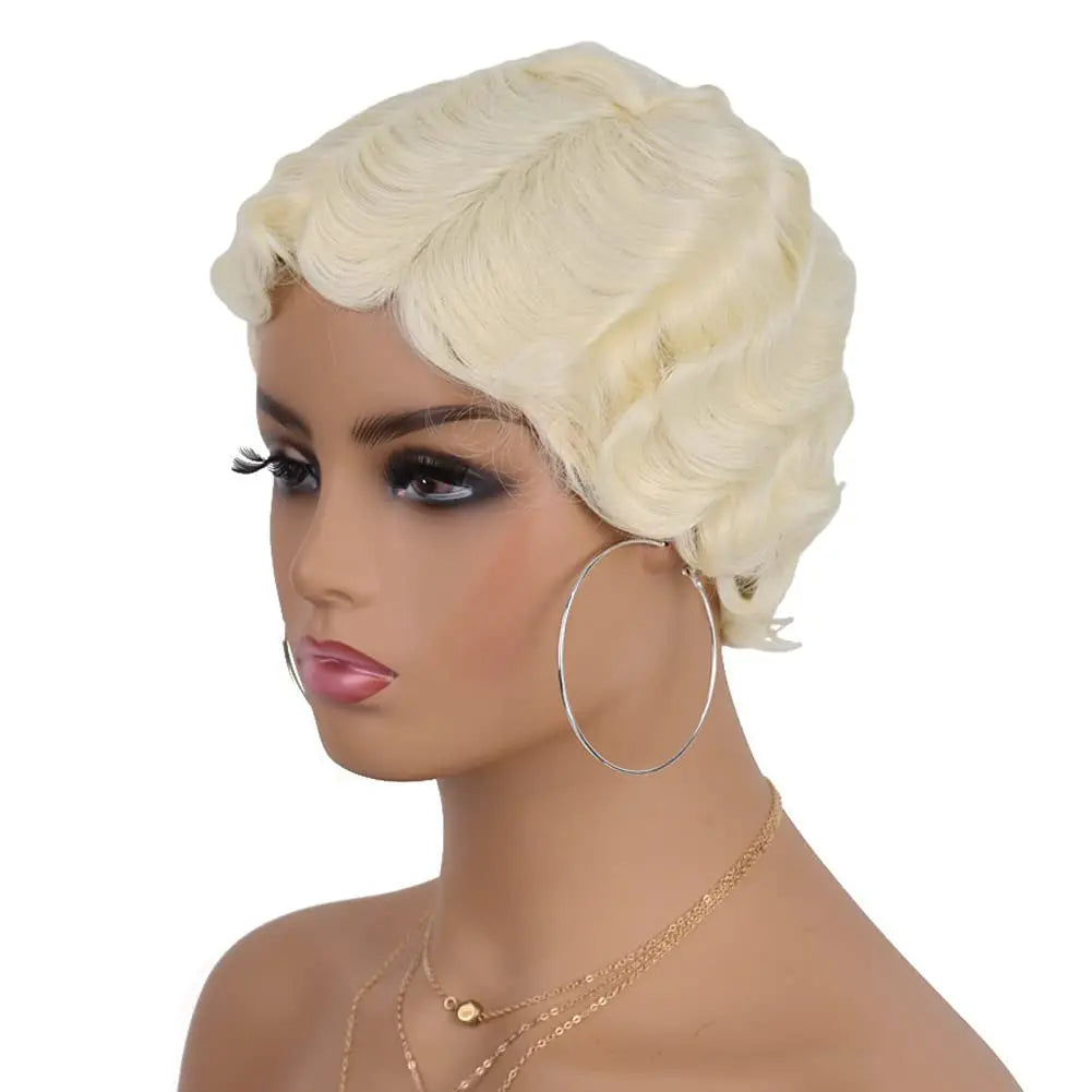 Synthetic Finger Wave Wig Short Curly Wigs for Women 1920s Cosplay Halloween Party Daily Use