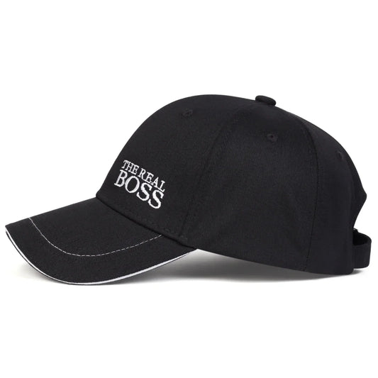 Black men's summer baseball cap with "THE REAL BOSS" embroidered text and curved brim
