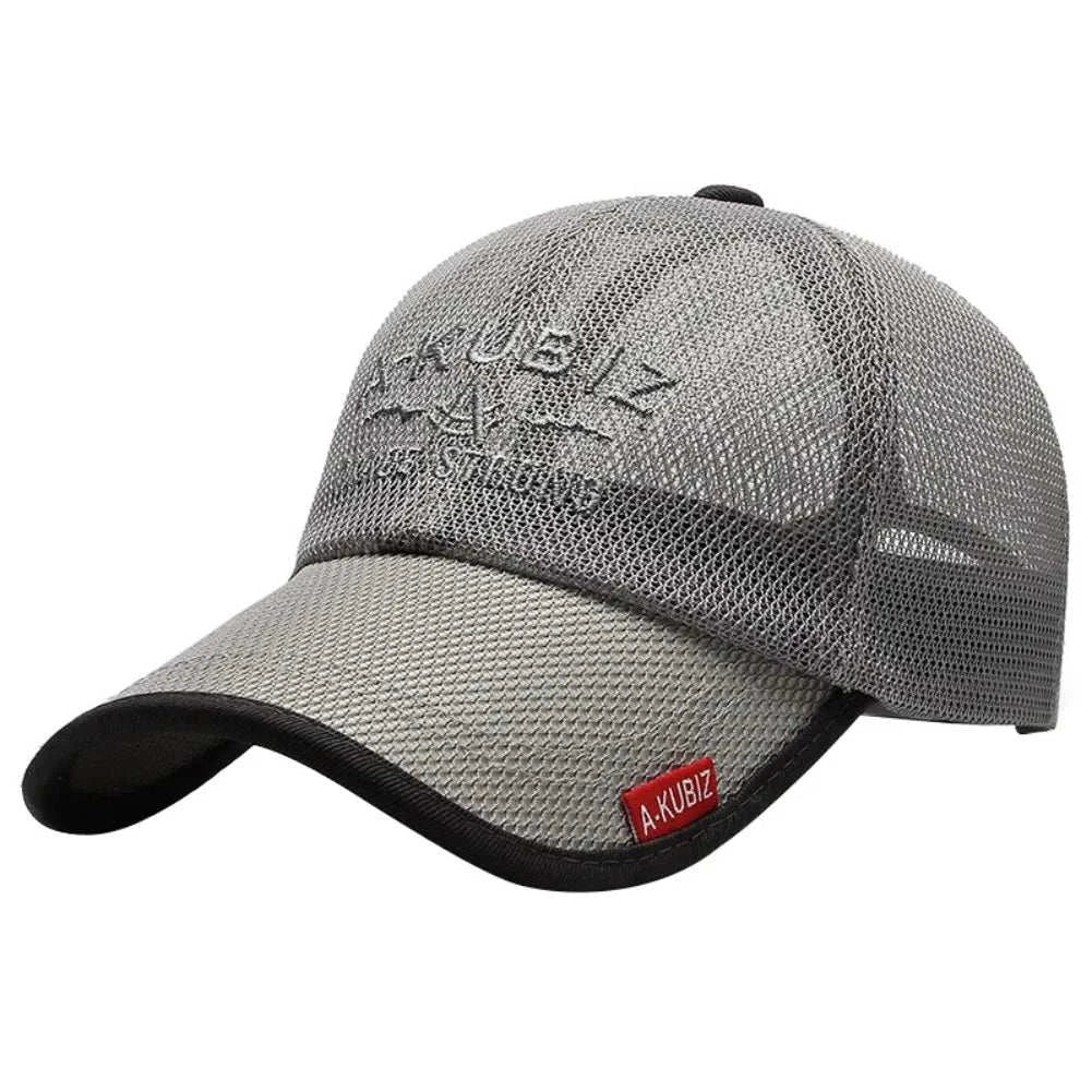 Gray breathable mesh summer hat for men with black trim and embroidered logo
