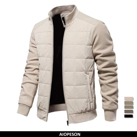 Men's winter warm stand collar jacket in beige with quilted front and knitted sleeves