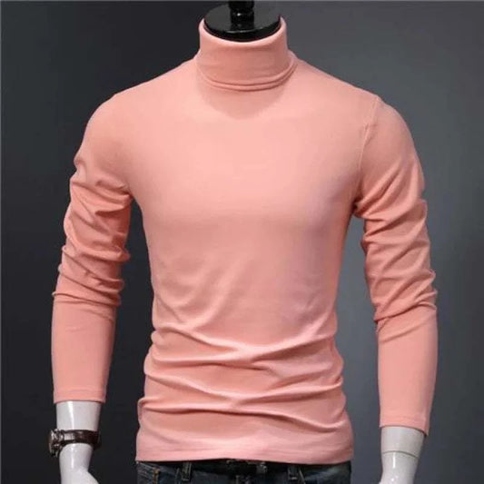 Men's long sleeve mock turtleneck in soft pink fitted knitwear with high neck for winter and springwear