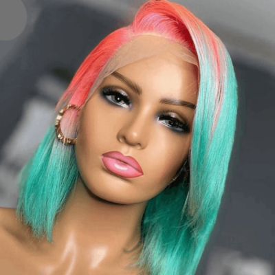 Lace front human hair glueless wig with vibrant pink and teal colors and natural look