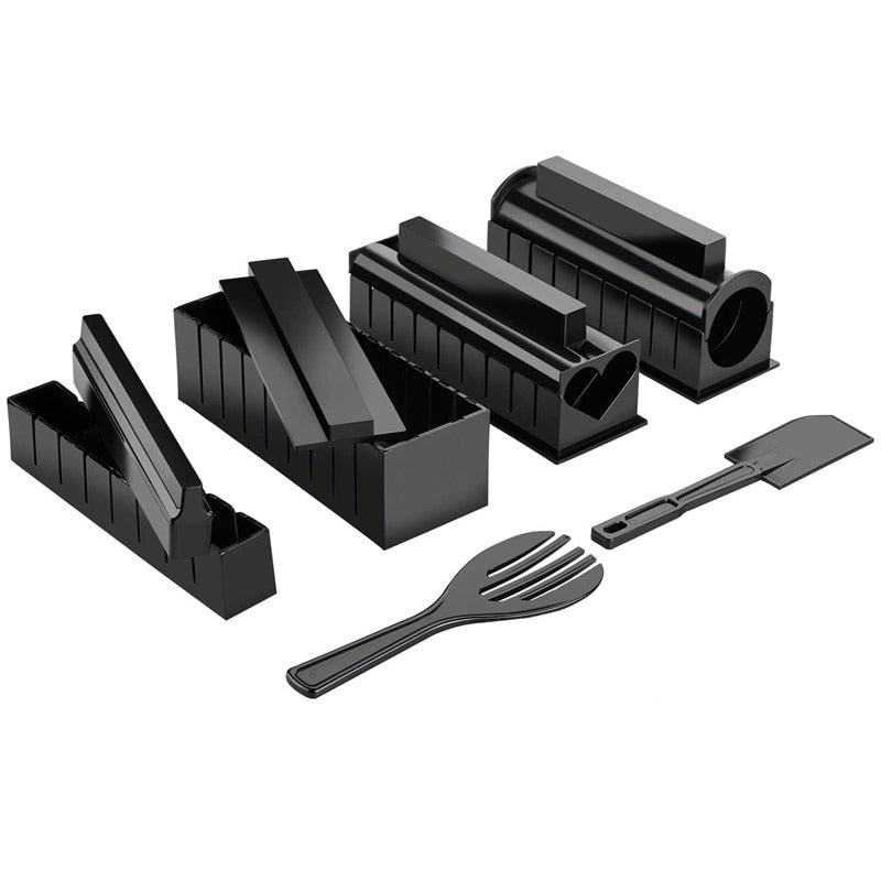 Black sushi making kits set with five molds in various shapes and included rice fork and spatula