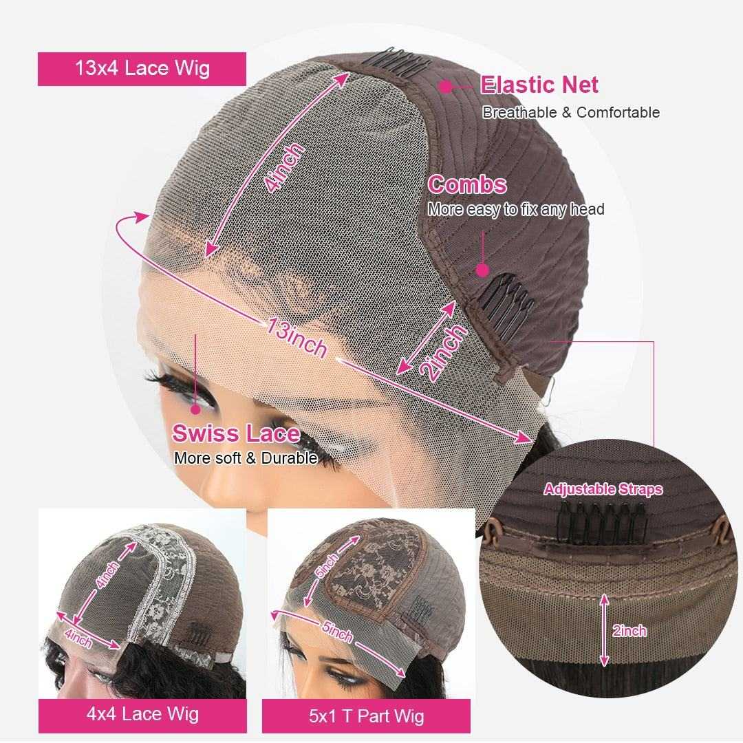 Human hair deep wave lace front wig with 13x4 Swiss lace, adjustable straps, combs, and breathable elastic net for natural look and comfortable fit.